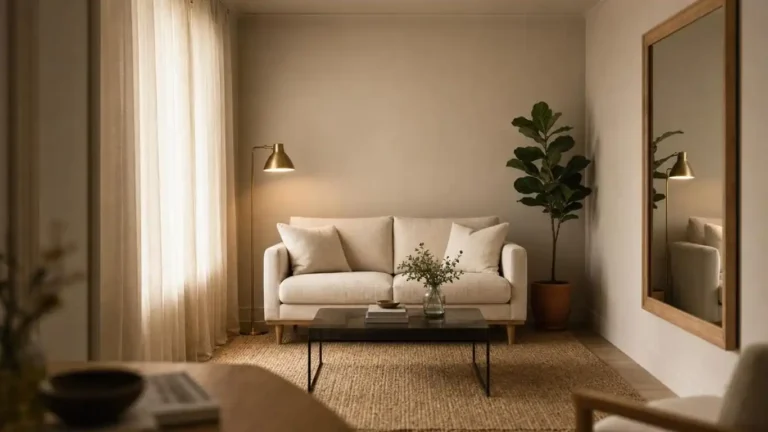 Bright tiny living room with warm greige walls, cream linen loveseat with visible oak legs, sheer linen curtains at ceiling height, and brushed brass floor lamp