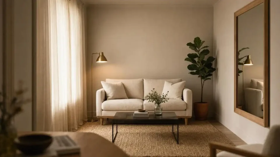 Bright tiny living room with warm greige walls, cream linen loveseat with visible oak legs, sheer linen curtains at ceiling height, and brushed brass floor lamp