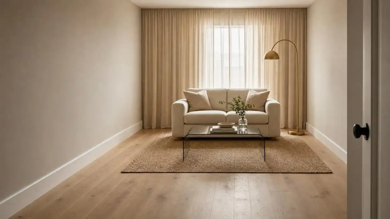 Tiny living room with furniture floated away from walls, one clear empty wall, and a 36-inch traffic path showing open sightlines