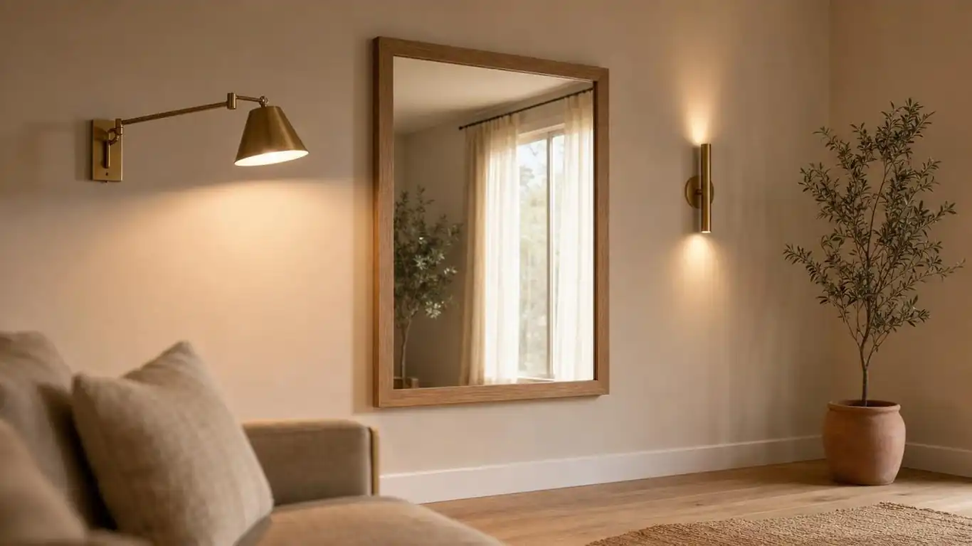 Small living room with large oak-framed mirror on the longest wall, brass swing-arm lamp, layered ambient and accent lighting
