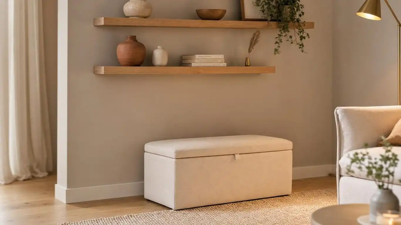 Tiny living room with floating oak shelves at ceiling height and a linen ottoman with hidden storage in warm cream interior