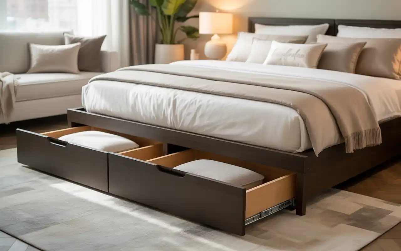 Low-profile upholstered platform bed featuring integrated seamless storage drawers for clothing.