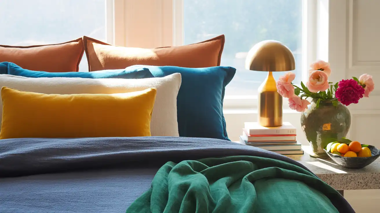 Close-up of highly textured, layered bedding mixing dark navy washed linen with a glowing mustard yellow velvet pillow.