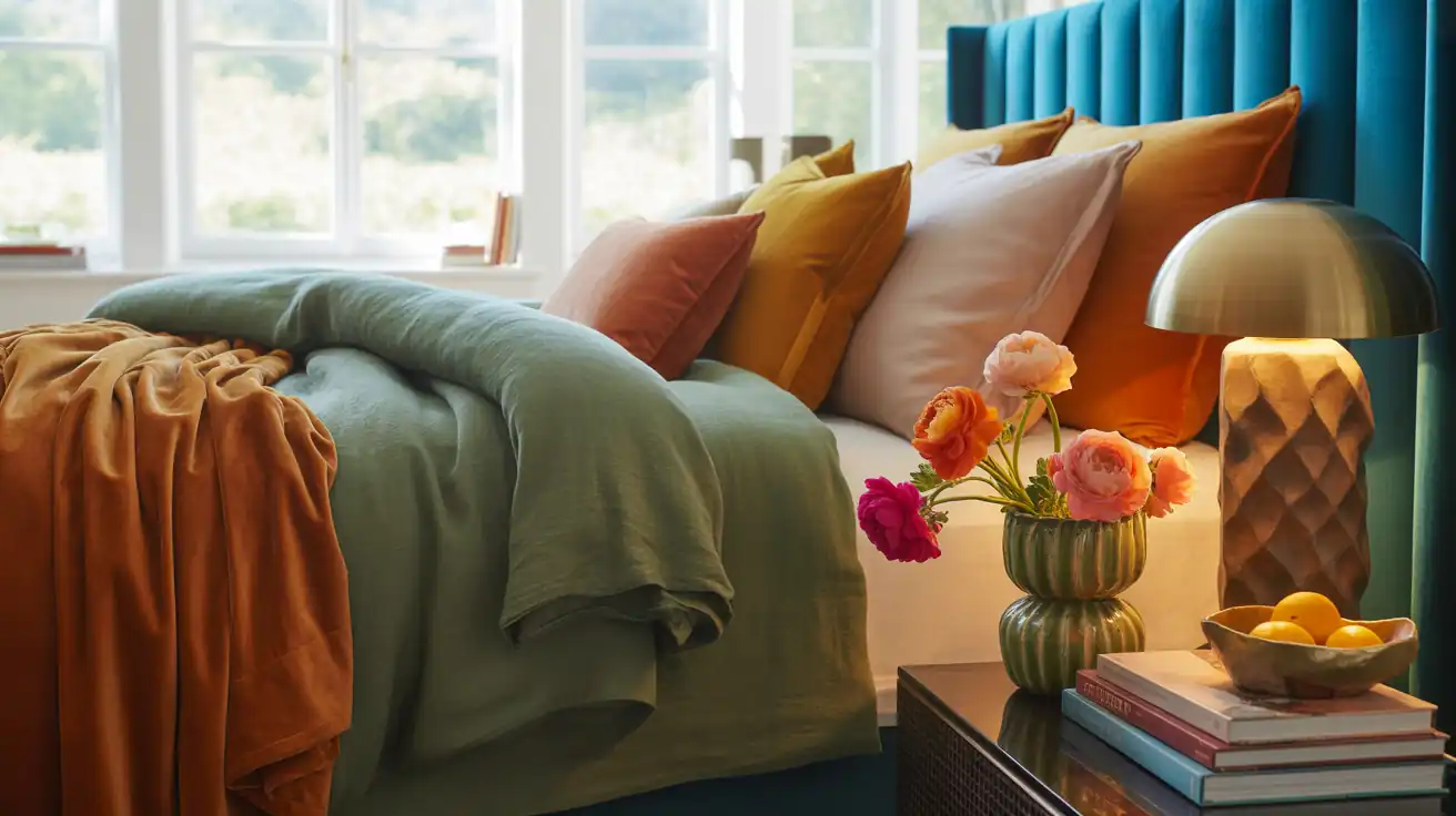 Close-up of highly textured, moody bedding mixing dark olive washed linen with a heavy rust-colored velvet quilt.