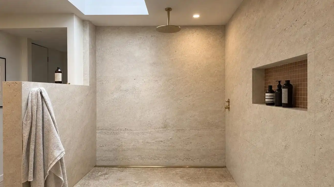 Honed travertine tile shower wall with unlacquered brass rainfall head and warm sand grout in a 2026 bathroom remodel