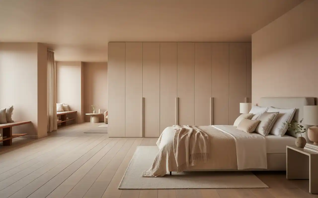 Wide view of a warm minimalist bedroom layout showing clear floor space and hidden storage solutions.