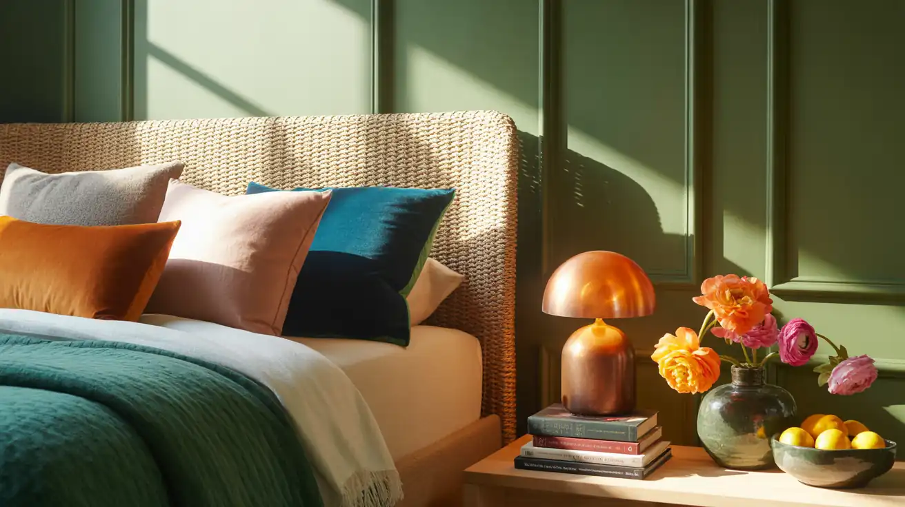 Detail shot showing the contrast of a natural rattan headboard against a dark olive wall with crisp white pillows.