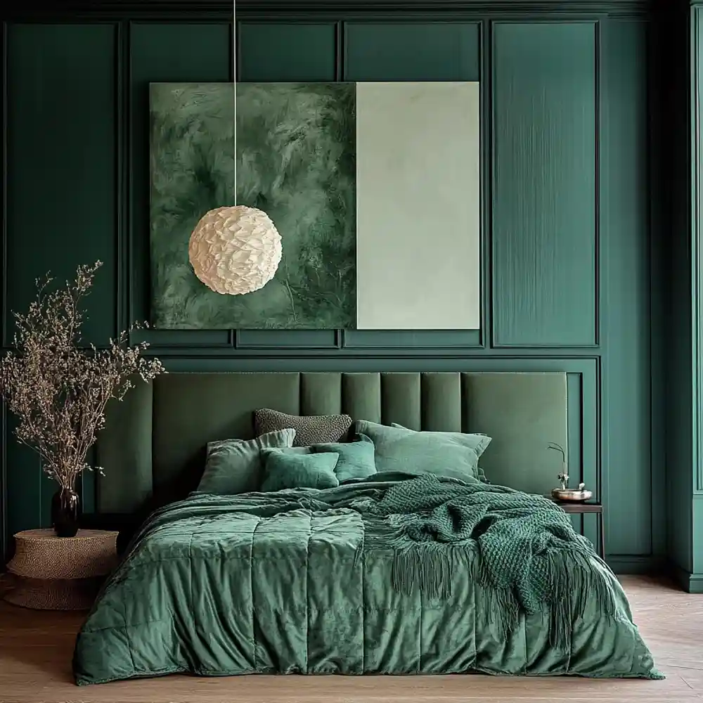 Hunter green matte accent wall behind a low platform bed with black frames and warm brass lamp on the nightstand