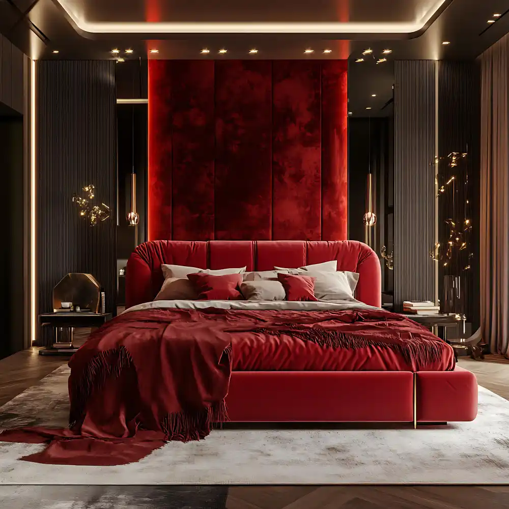 Layered bed with burgundy plaid flannel duvet and deep teal velvet throw folded at the foot in a retro-inspired room