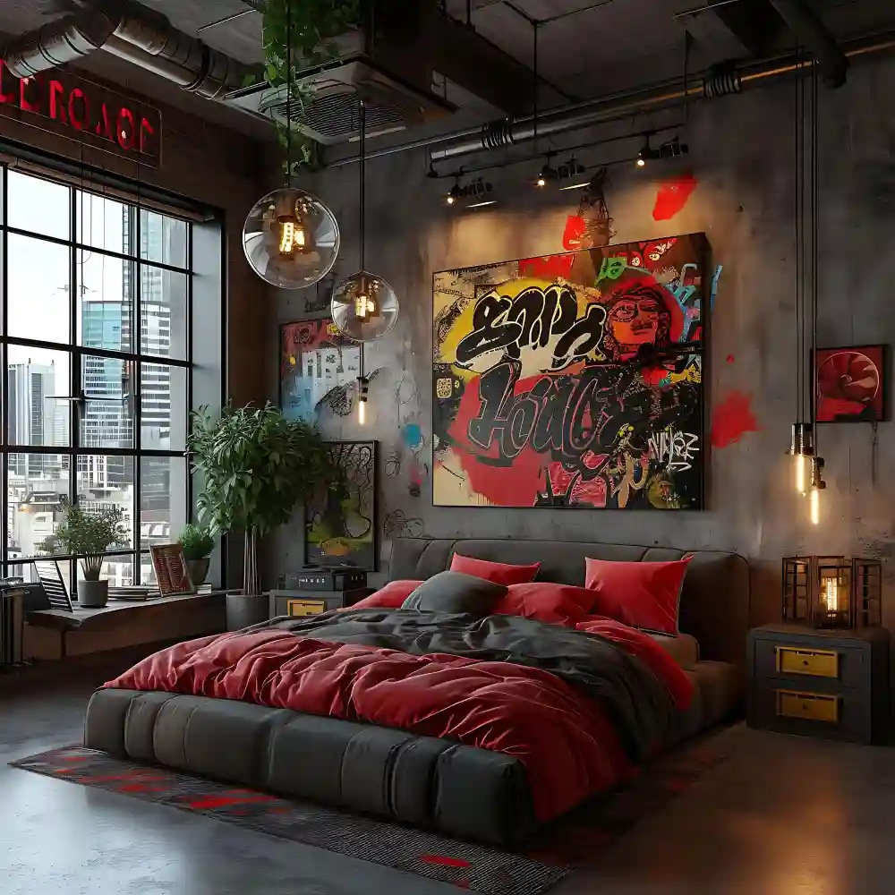 Grunge-inspired bedroom gallery wall with band poster prints in black frames and an Edison bulb wall sconce above