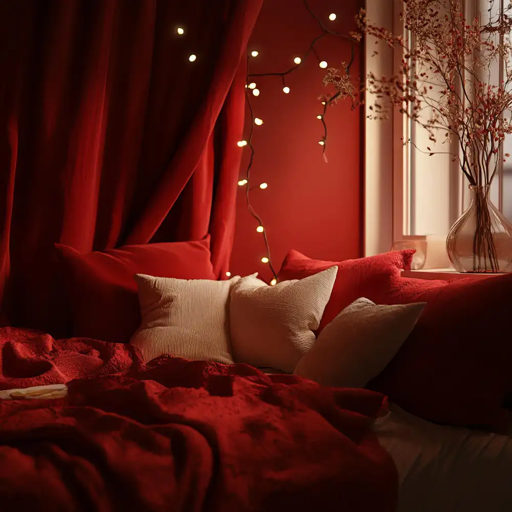 Burgundy and black plaid flannel duvet on a low platform bed with cream linen pillow shams in a cozy retro bedroom