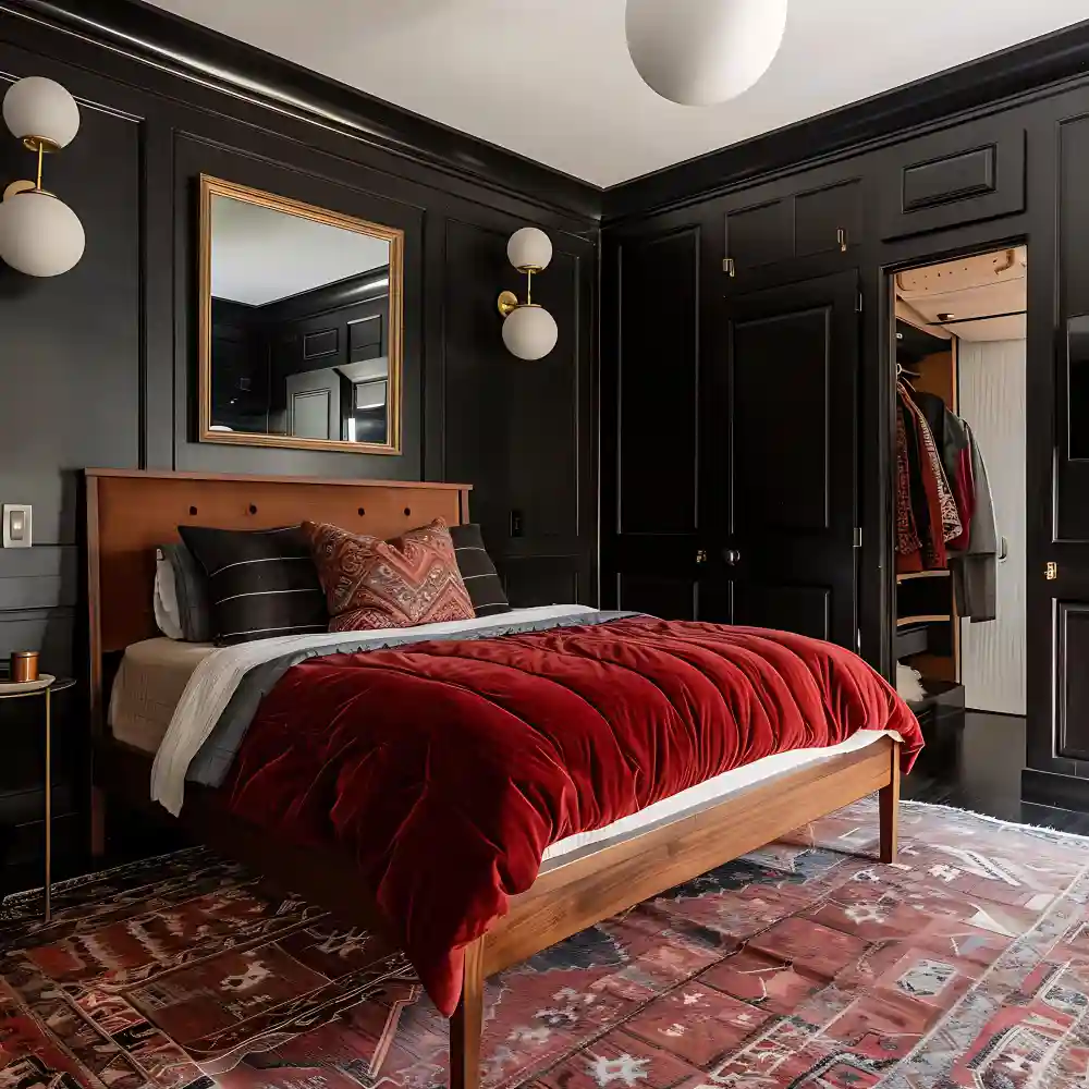 Low-profile walnut platform bed frame with folded plaid duvet and cream linen pillows in a clean 90s aesthetic bedroom