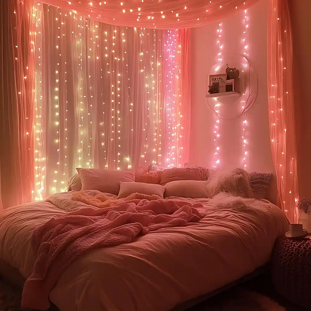 Warm 2700K Edison string lights draped as a loose ceiling canopy in a cozy bedroom with plaid bedding below