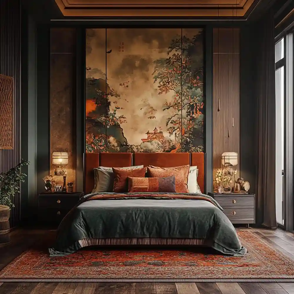 Deep forest green velvet panel headboard on a queen platform bed with neutral linen bedding in a moody 90s-style bedroom