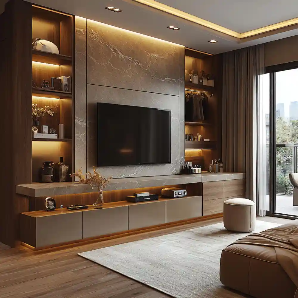 A Built-In Media Wall With Flanking Shelves