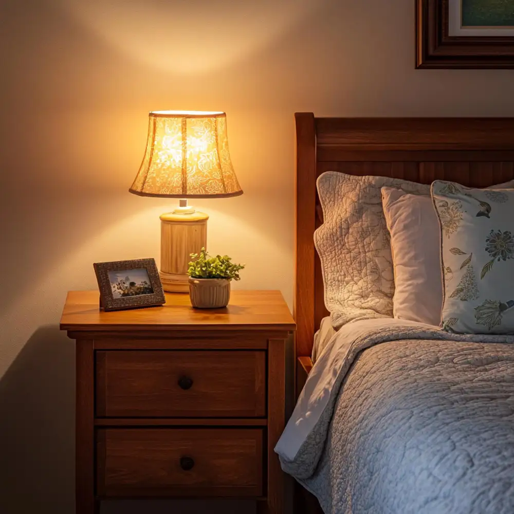 Centered bed with an upholstered linen headboard flanked by two matching wood nightstands and lamps