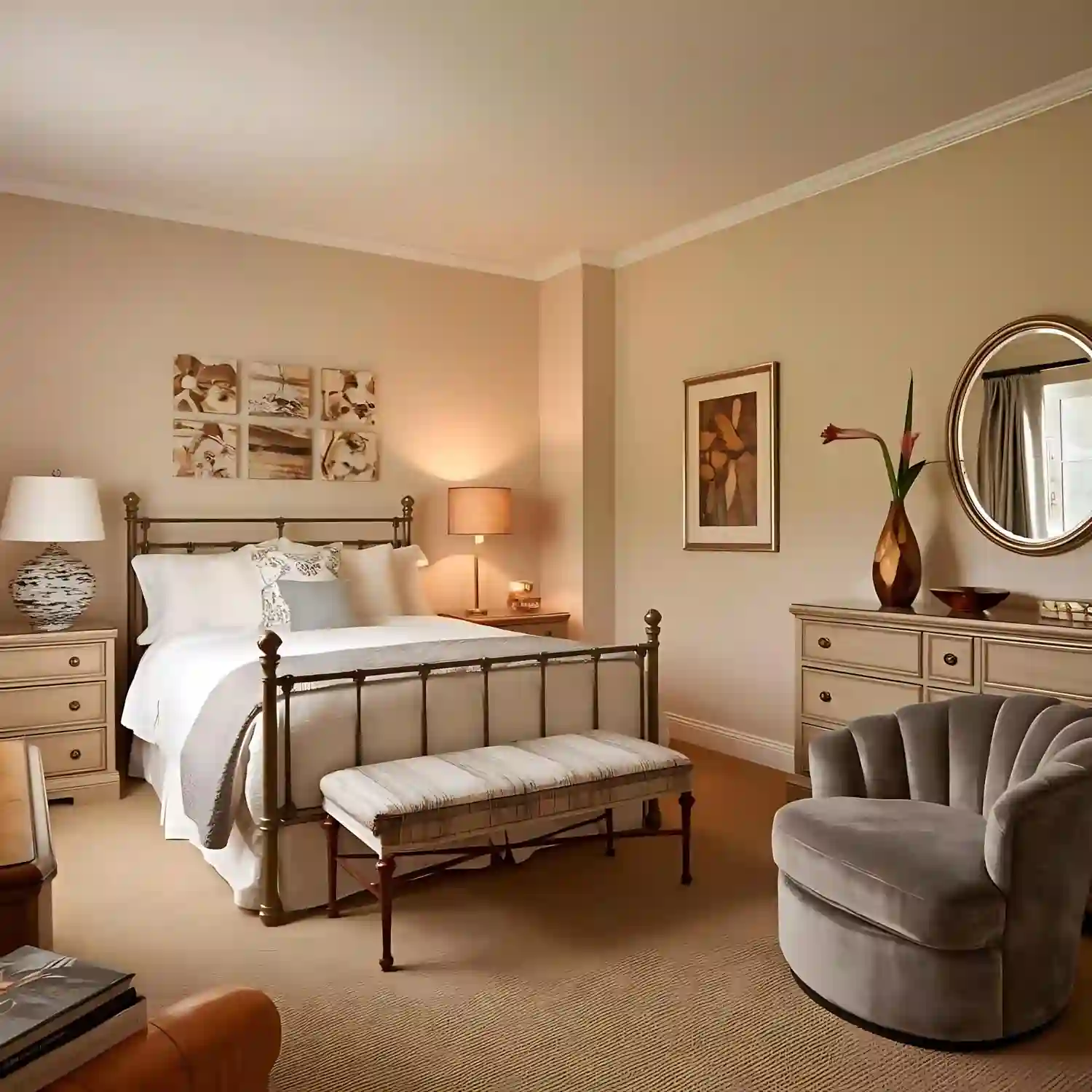 Warm greige painted accent wall behind a queen bed with white cotton bedding and oak nightstands in a rental apartment