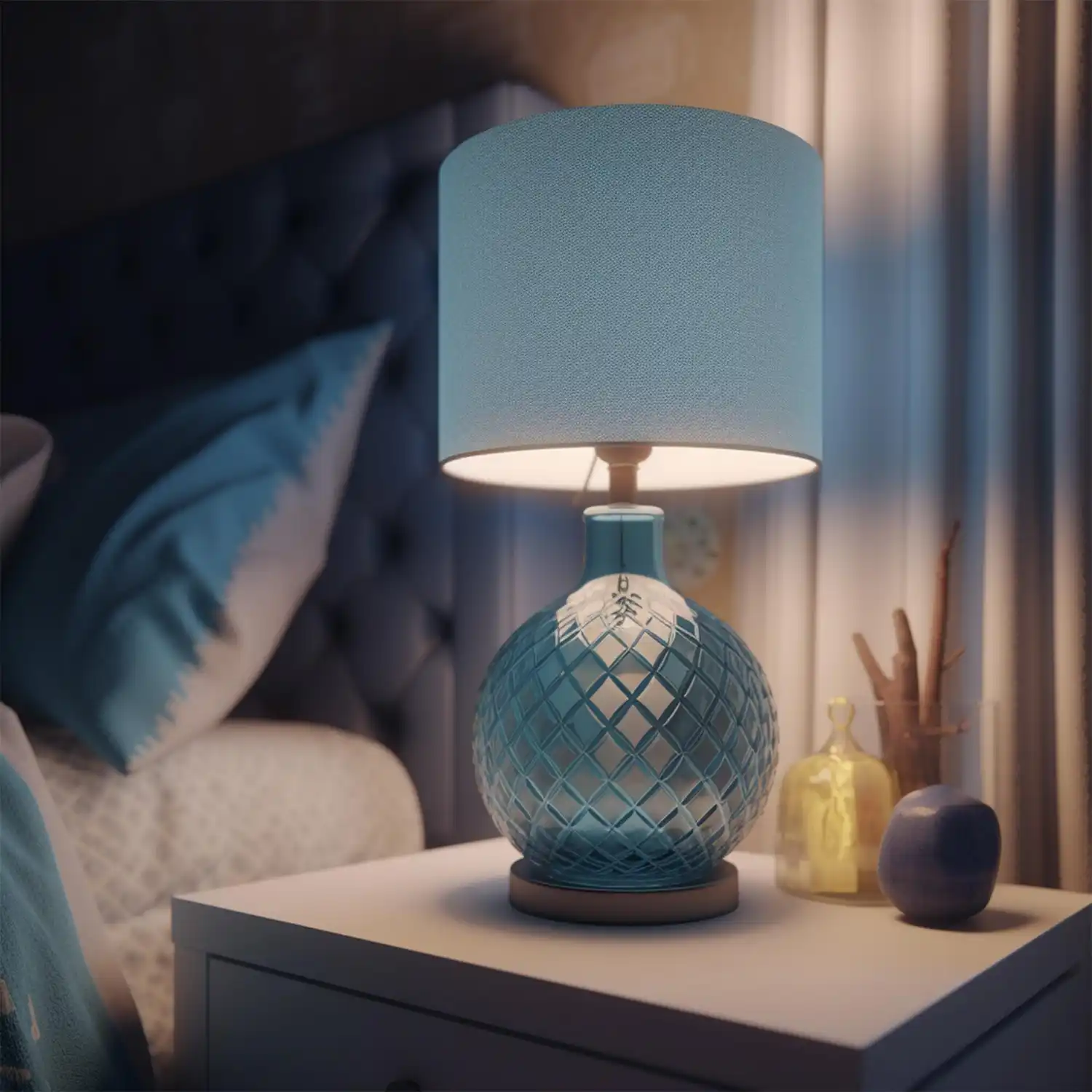 Pair of warm 2700K bedside table lamps on either side of a queen bed creating amber glow in an apartment bedroom