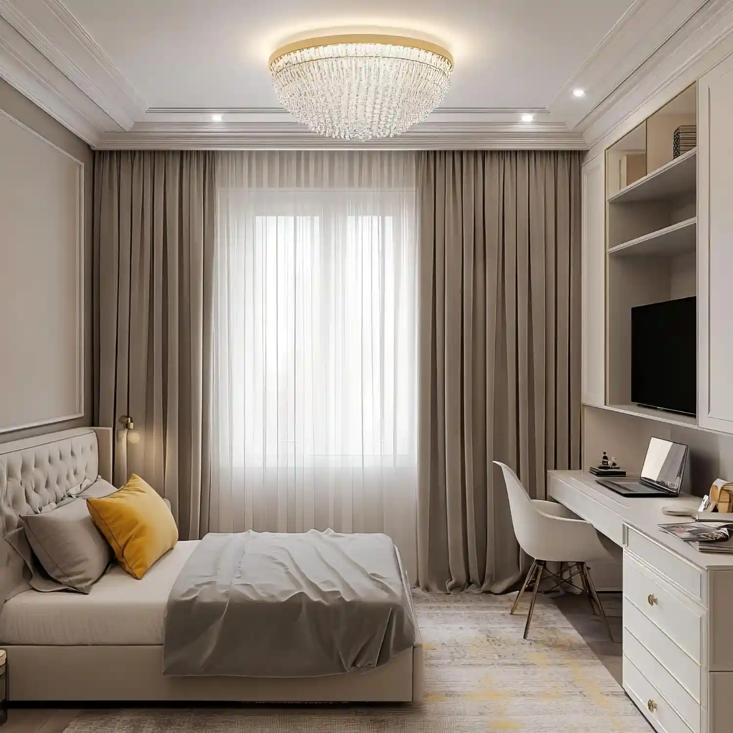 Floor-to-ceiling linen curtains hung 7 inches from the ceiling in an apartment bedroom with warm diffuse natural light