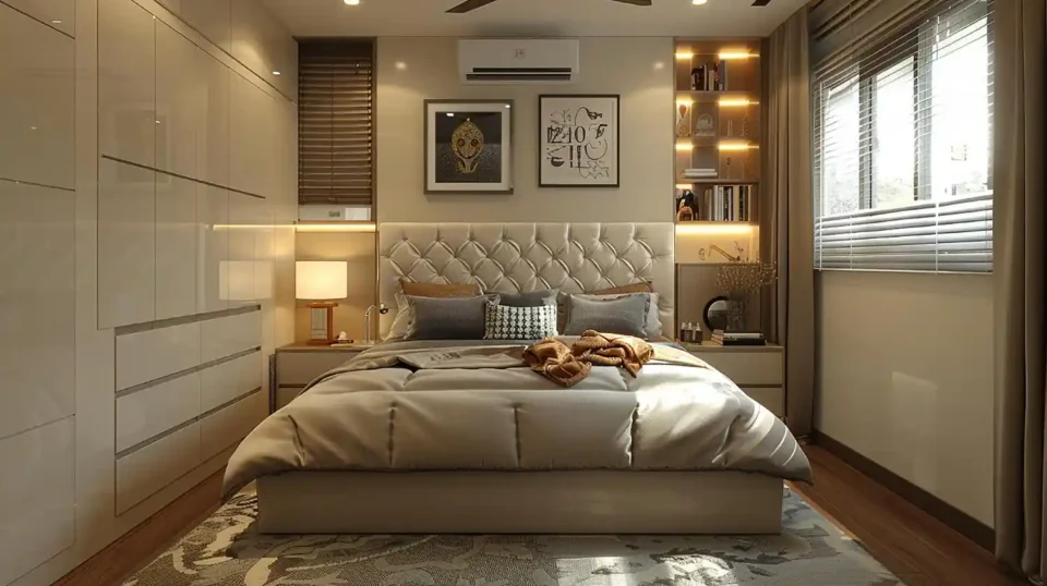 Warm apartment bedroom with tall linen headboard, layered cream bedding, jute rug, and warm 2700K bedside lamps