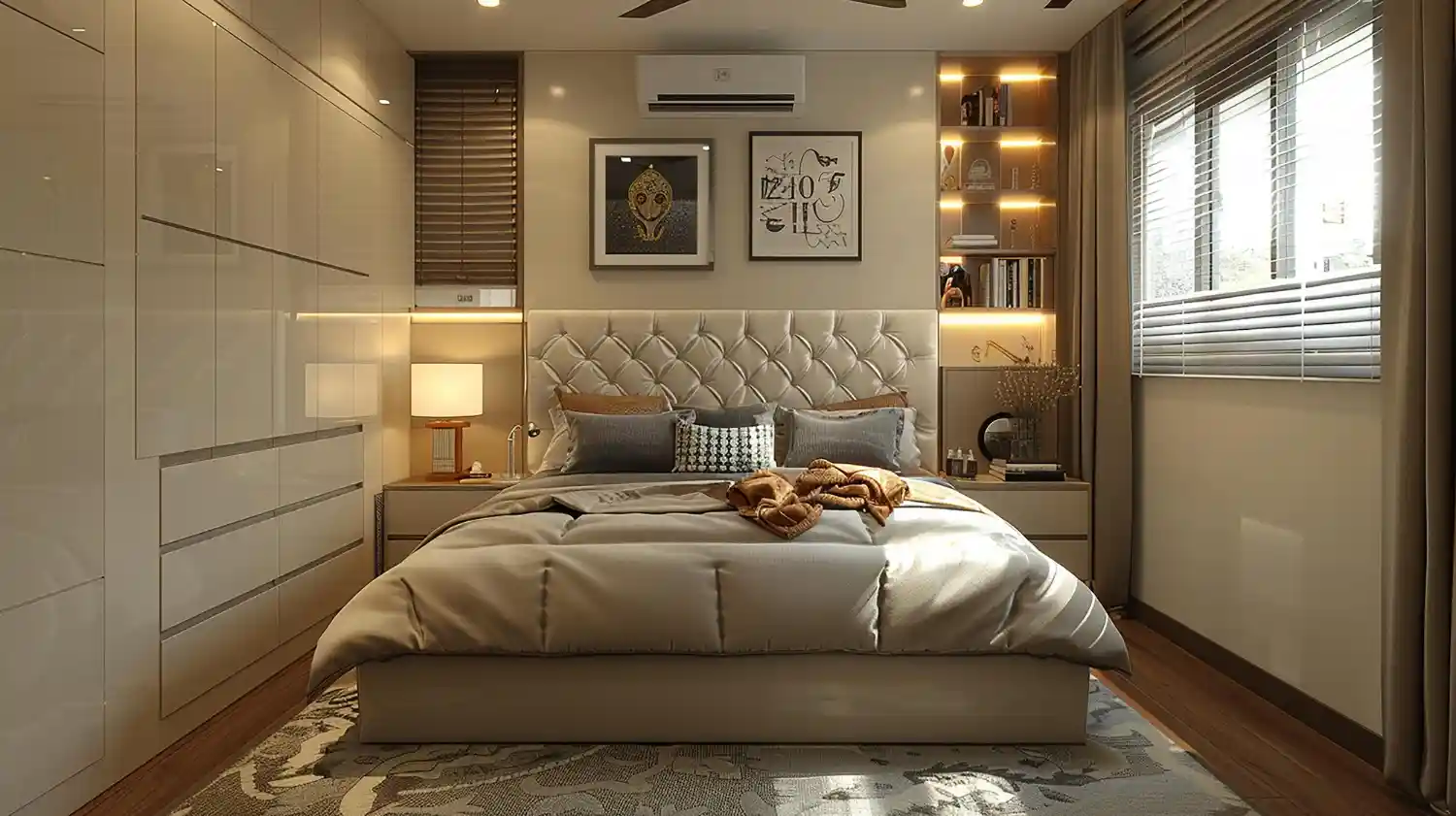 Warm apartment bedroom with tall linen headboard, layered cream bedding, jute rug, and warm 2700K bedside lamps