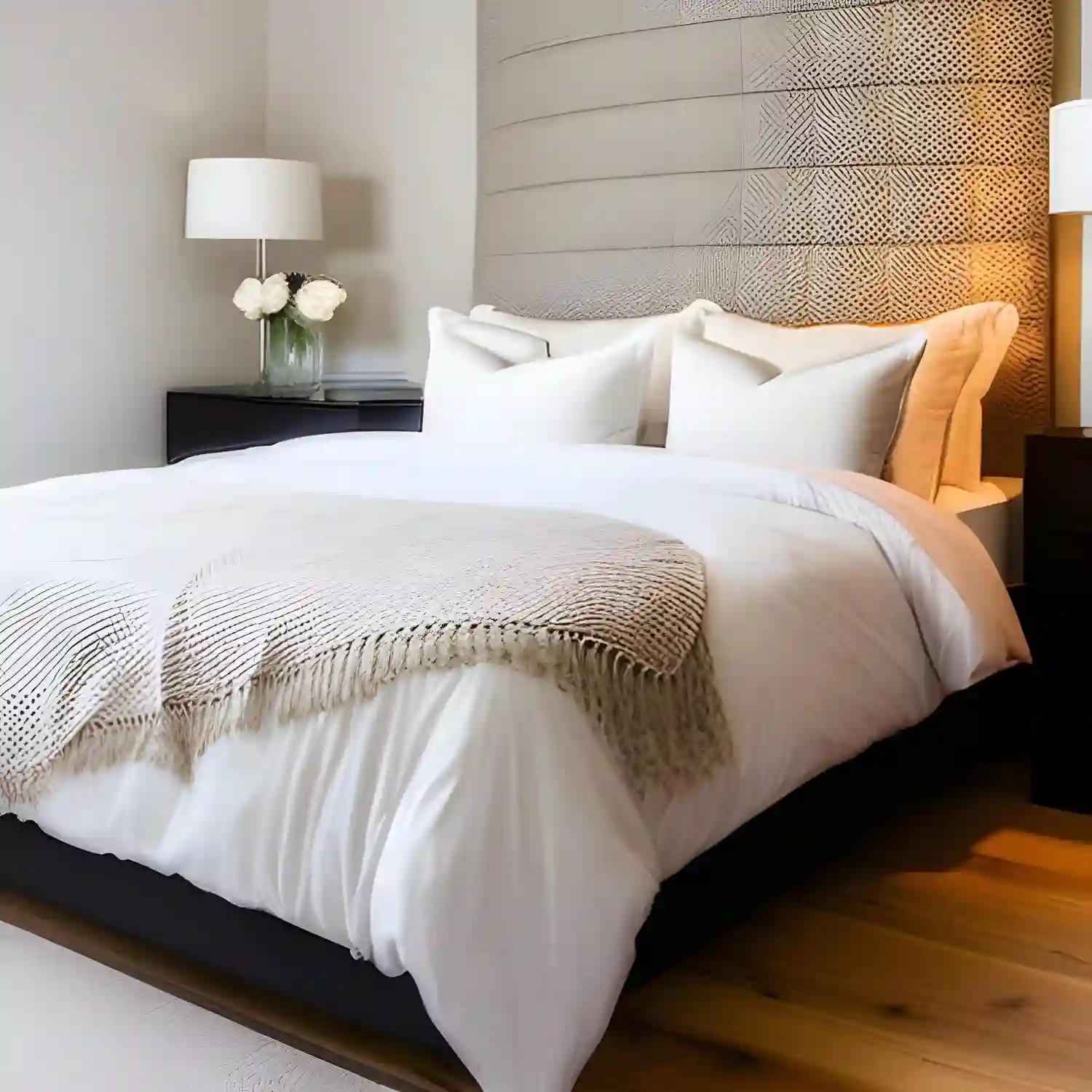 Layered linen and cotton bedding on a queen bed with cream duvet, euro shams, and a chunky knit throw at the foot