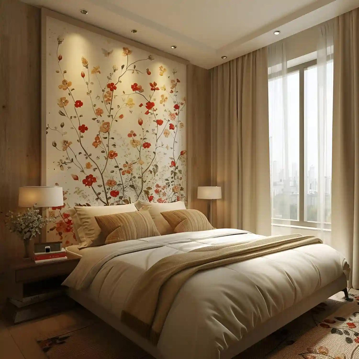 apartment bedroom ideas peel and stick botanical wallpaper installed on the headboard wall in a rental with cream bedding