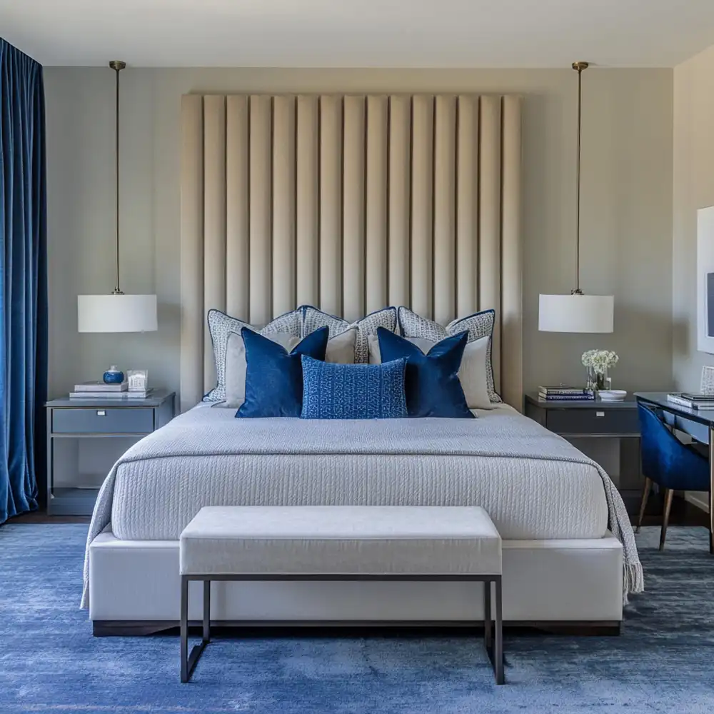 Tall channel-tufted cream linen headboard commanding the wall in a simply furnished apartment bedroom