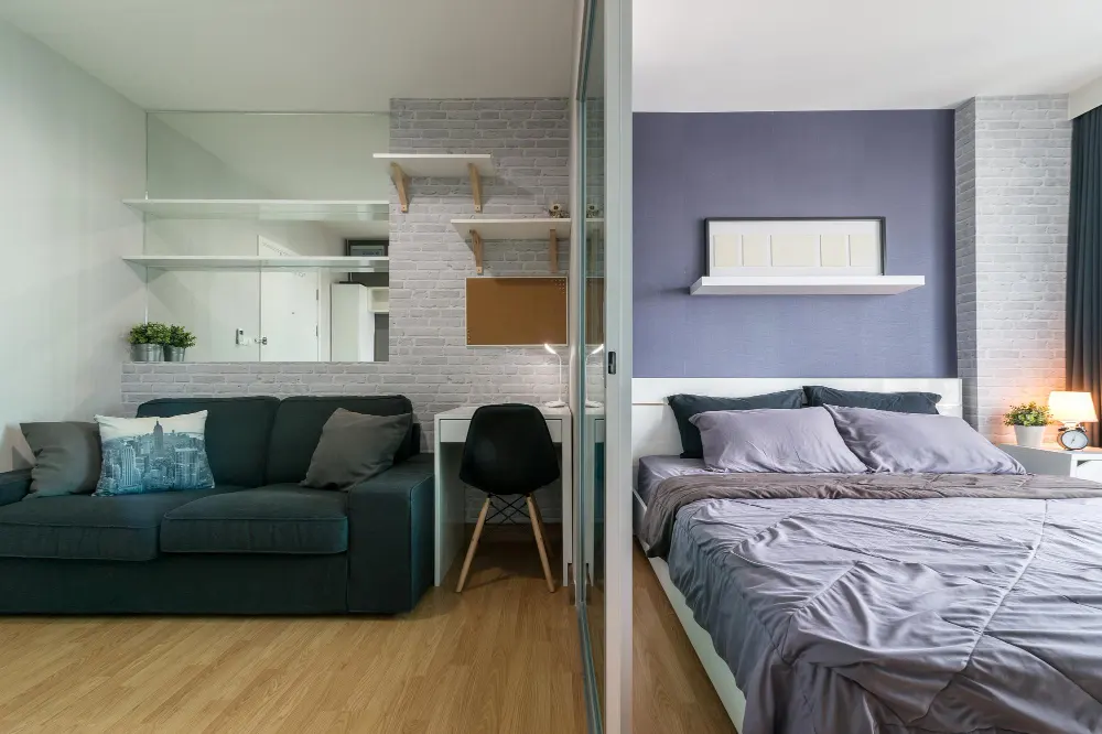 Before and after showing a generic white apartment bedroom and a styled version with headboard, rug, and warm lighting