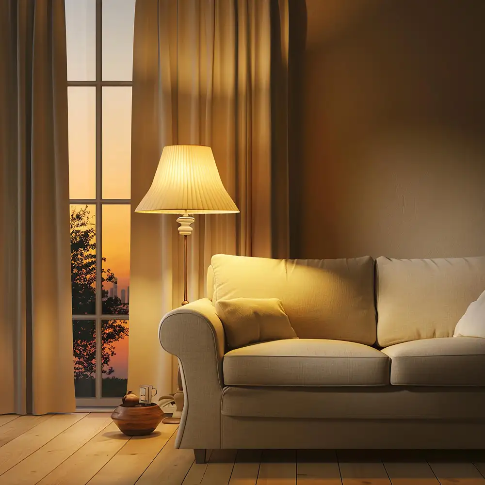 Brass arc floor lamp curving over cream sofa corner with warm amber halo filling the seating zone