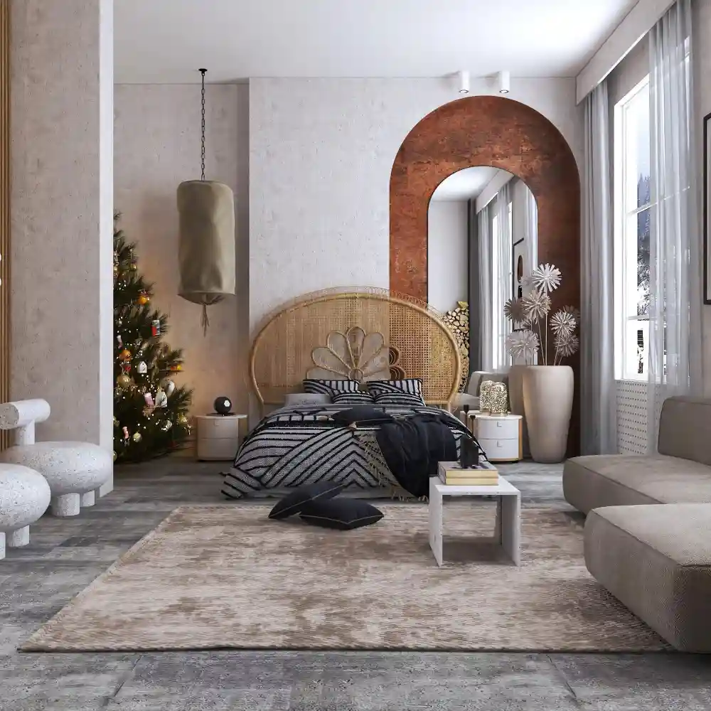 These studio apartment bedroom ideas show an 8x10 jute rug anchoring a queen bed zone with nightstands on each side