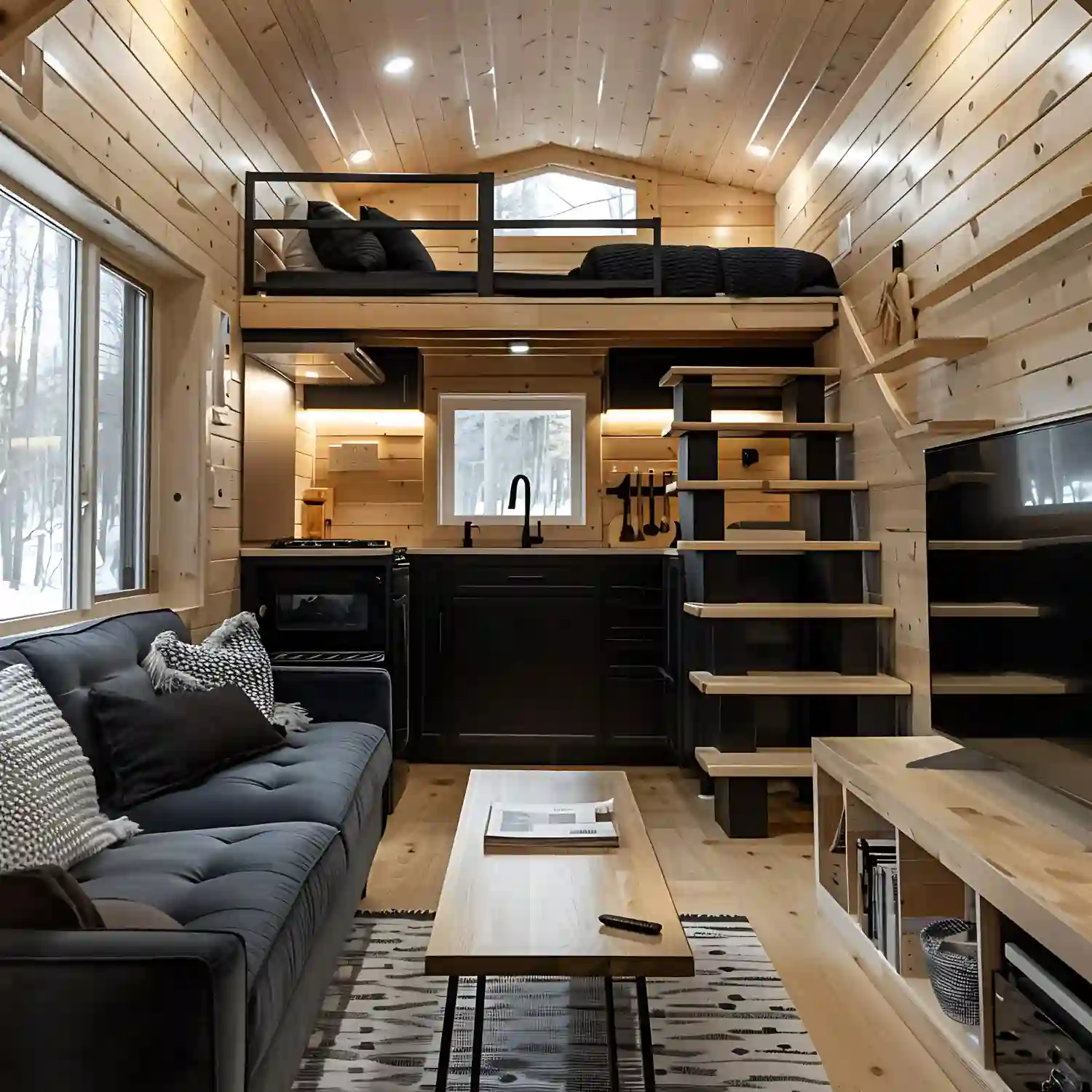 Attic man cave with sloped ceiling, built-in shelving along knee walls, and a leather sofa under the ridgeline