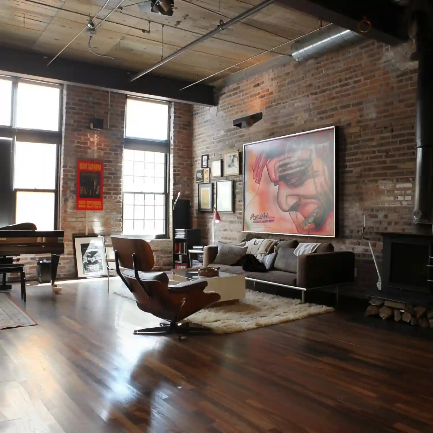 Basement man cave with exposed matte black ductwork, industrial lighting, and a built-in bar along one wall