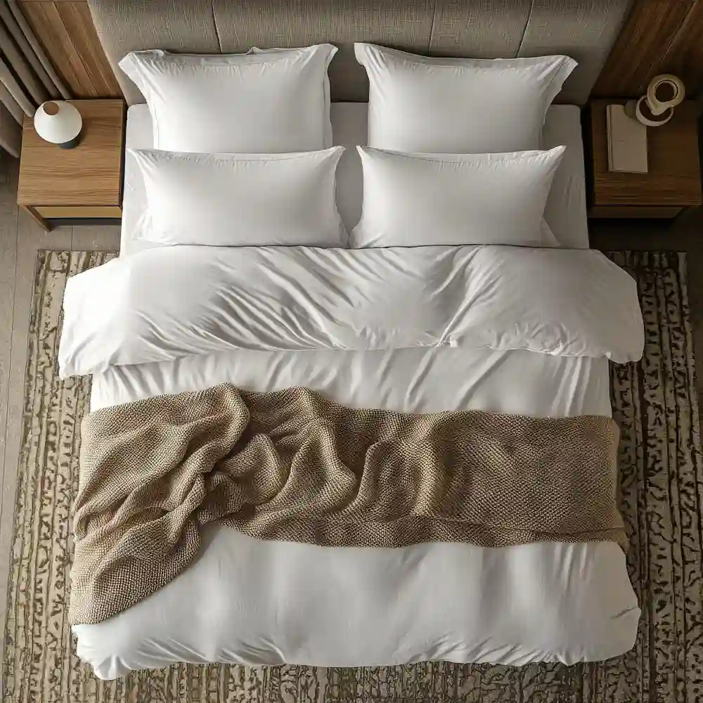 Flat-lay of bed styling materials: white sheets, duvet cover, Euro shams, decorative pillows, and a knit throw