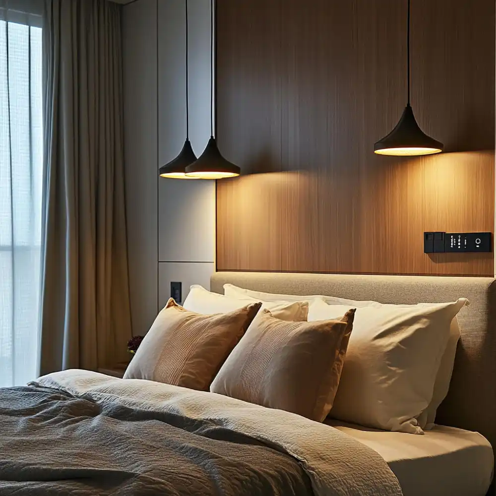 Cozy bedroom lighting ideas with warm string lights behind the headboard and a low accent dresser lamp