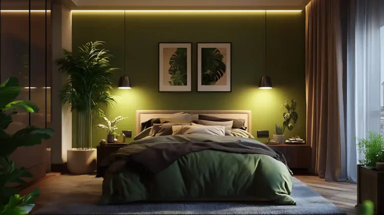 Master bedroom with a deep olive color-drenched wall behind a linen bed, warm sconces, and oak nightstands