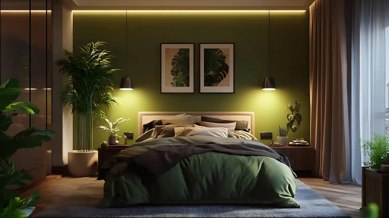 Master bedroom with a deep olive color-drenched wall behind a linen bed, warm sconces, and oak nightstands