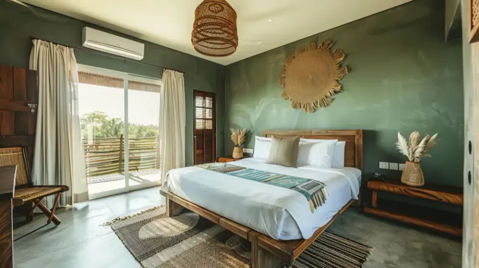 Four bedroom styles shown side by side, from calm Japandi to moody boho, in a clean overview layout