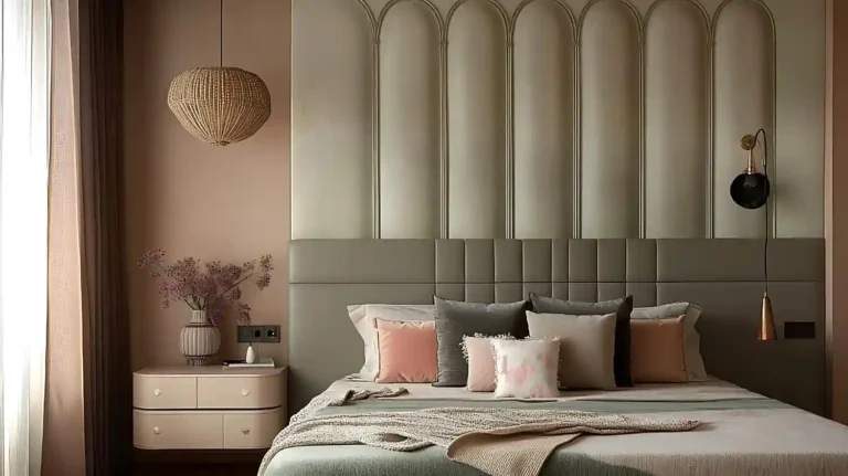 Calm styled bedroom showing layered color with greige walls, sage bedding, oak nightstand, and brass lamp