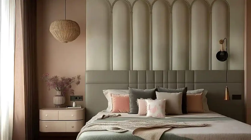 Calm styled bedroom showing layered color with greige walls, sage bedding, oak nightstand, and brass lamp