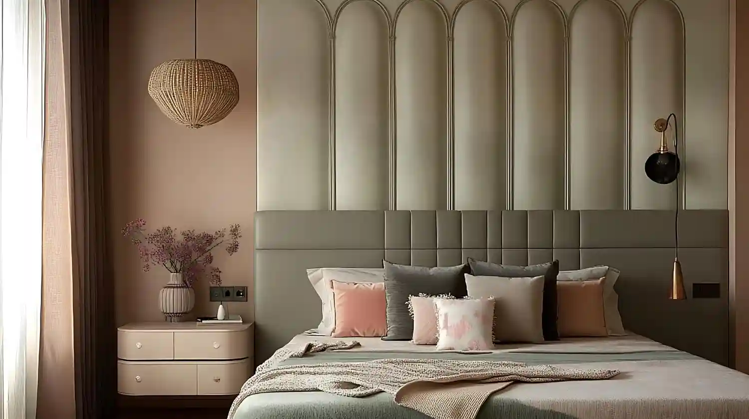 Calm styled bedroom showing layered color with greige walls, sage bedding, oak nightstand, and brass lamp