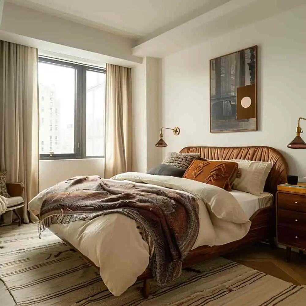 Warm greige bedroom with cream linen bedding and a single sage accent showing a balanced color scheme