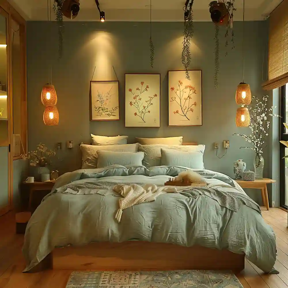 Balanced bedroom color scheme showing greige walls, sage bedding, and brass and terracotta accents