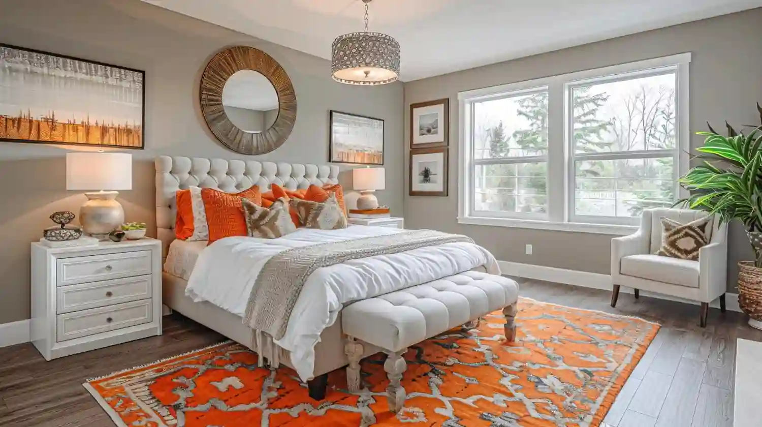 Flat-lay of a bedroom decorating checklist with paint chips, fabric samples, and a tape measure