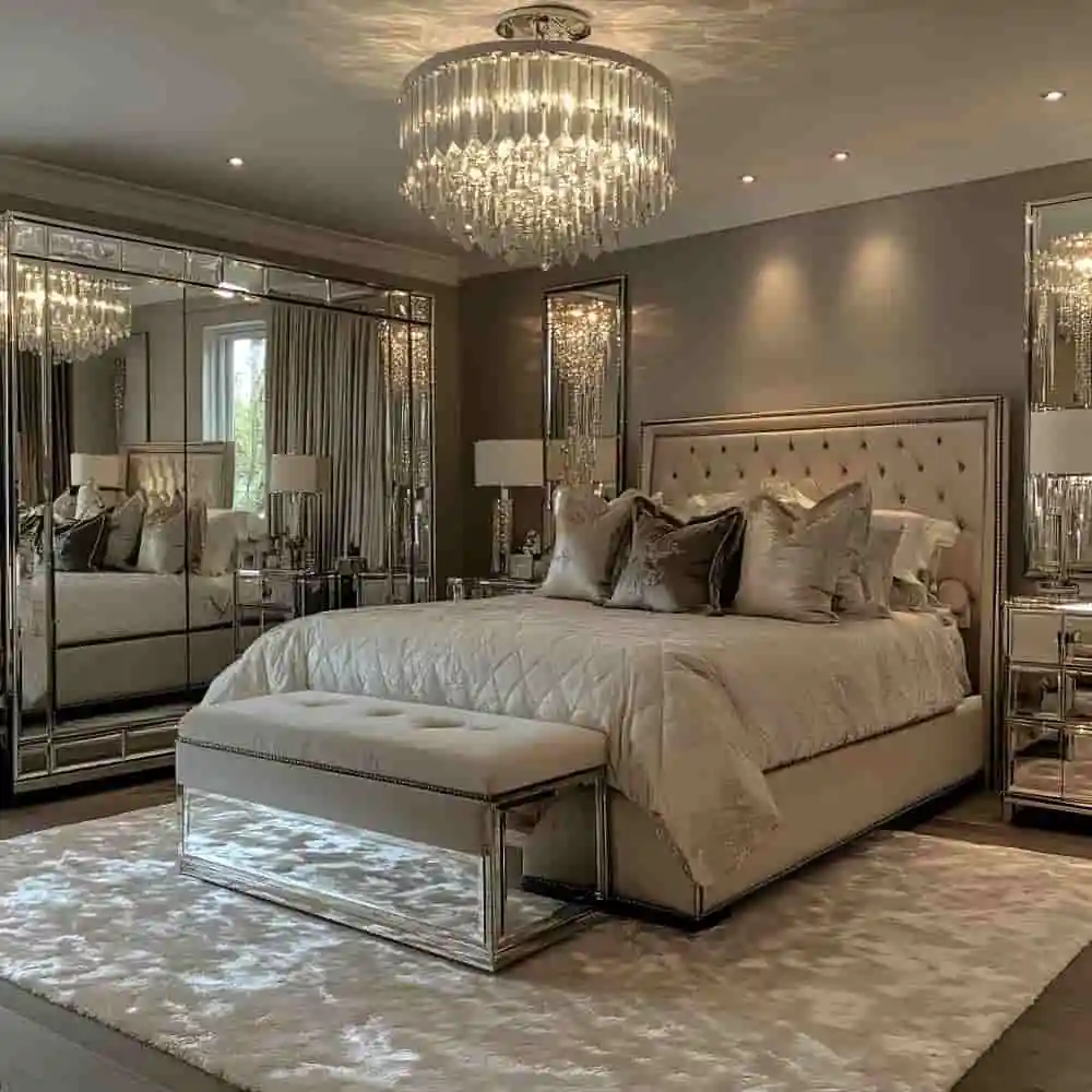 Bedroom decorating ideas shown through styled nightstand, rug under bed, floor-length curtains, and brass accents