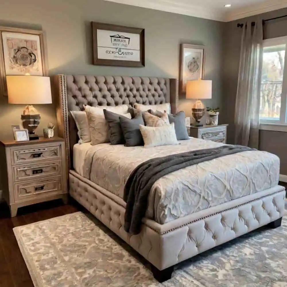 Bedroom decorated outward from the bed with upholstered headboard, layered lighting, and art above the bed