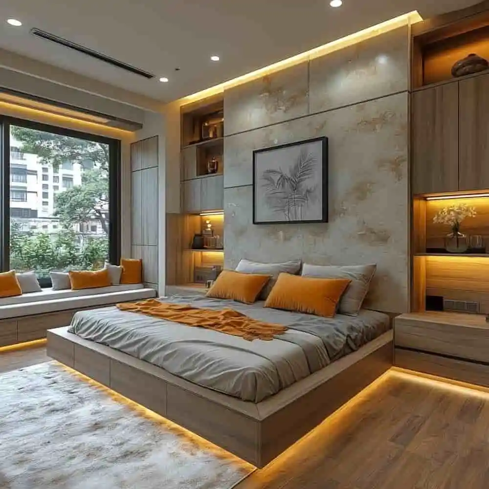 Well-planned bedroom showing layout, color, lighting, and styled bed working together as a complete room