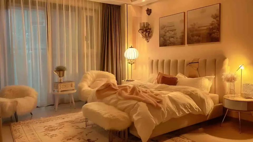 Calm, fully decorated bedroom with floated bed, warm neutral walls, layered linen bedding, and soft lamp lighting