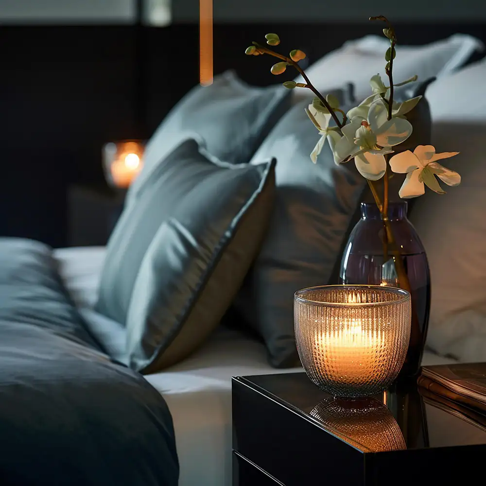 Refreshed oak nightstand with matte black hardware and a styled lamp beside a simply dressed bed