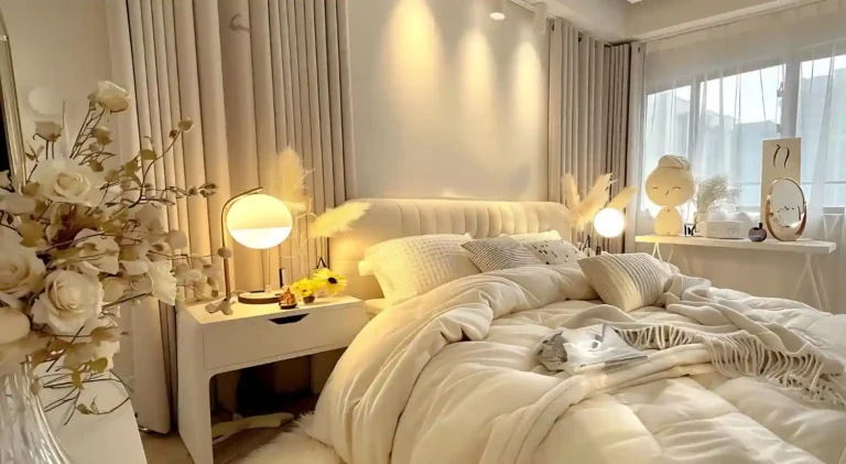Calm neutral bedroom with upholstered bed, two nightstands, warm lamps, and layered linen bedding